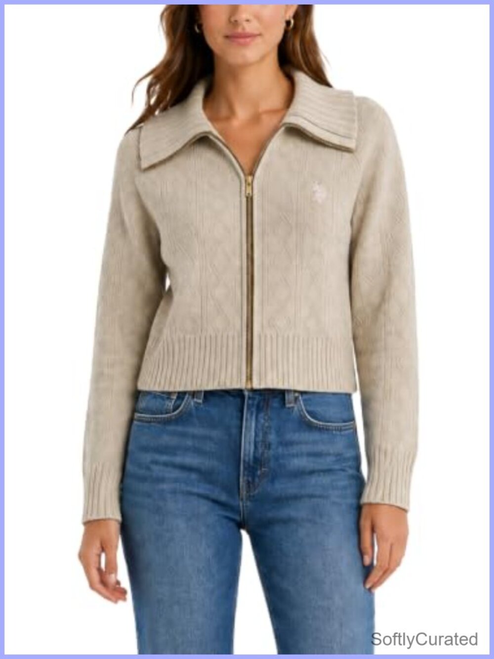 Women's Cable Knit Full Zip Sweater Long Sleeve Collared Cardigan
